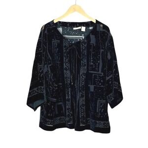 Womens Velvet Burnout Kimono Cardigan L Black Tie Front Beaded Tassel Whimsigoth